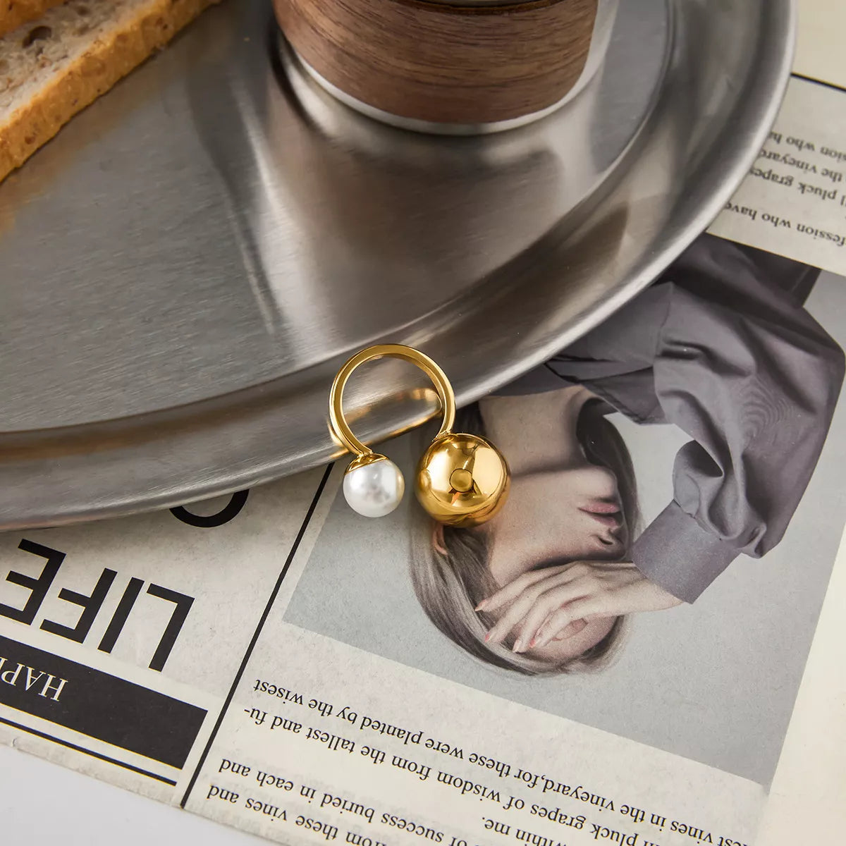 18K Gold-Plated Orb & Pearl Open Ring - alternate ring view