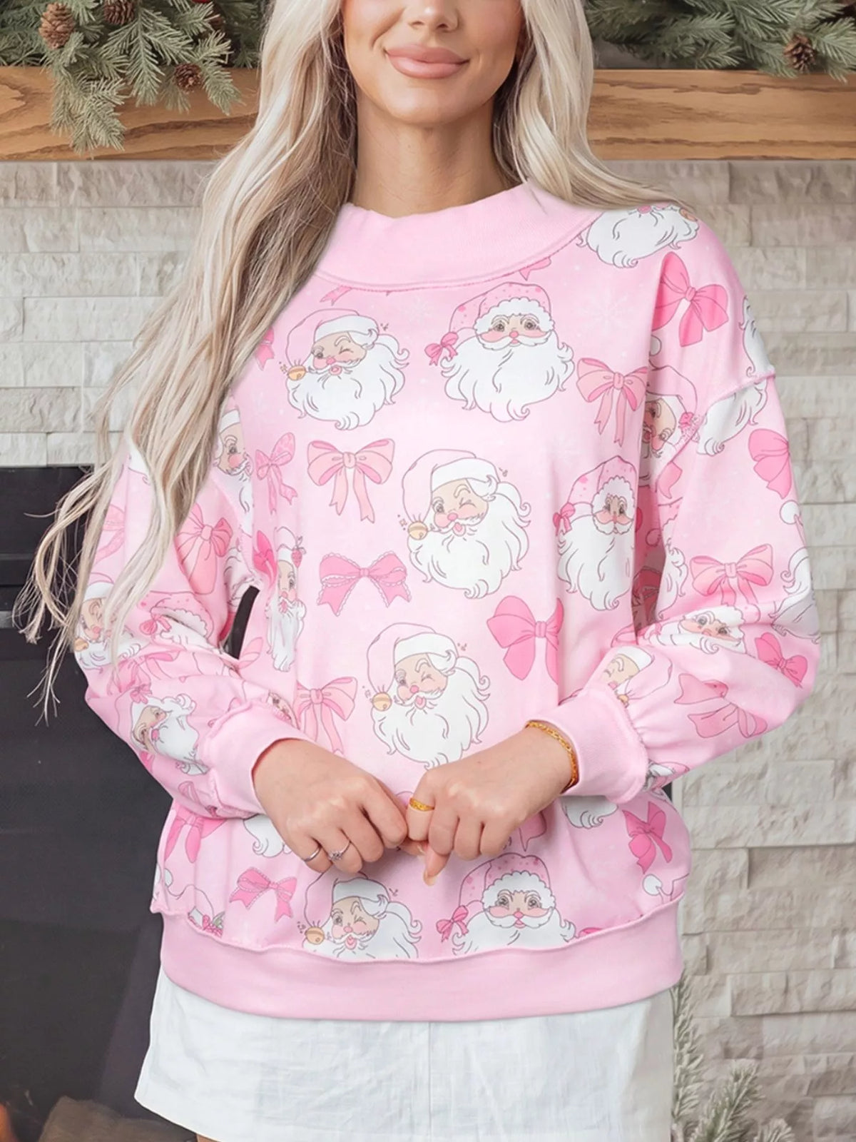 Abstract Santa Print Dropped-Shoulder High-Neck Sweatshirt in Blush Pink - women's sweatshirt