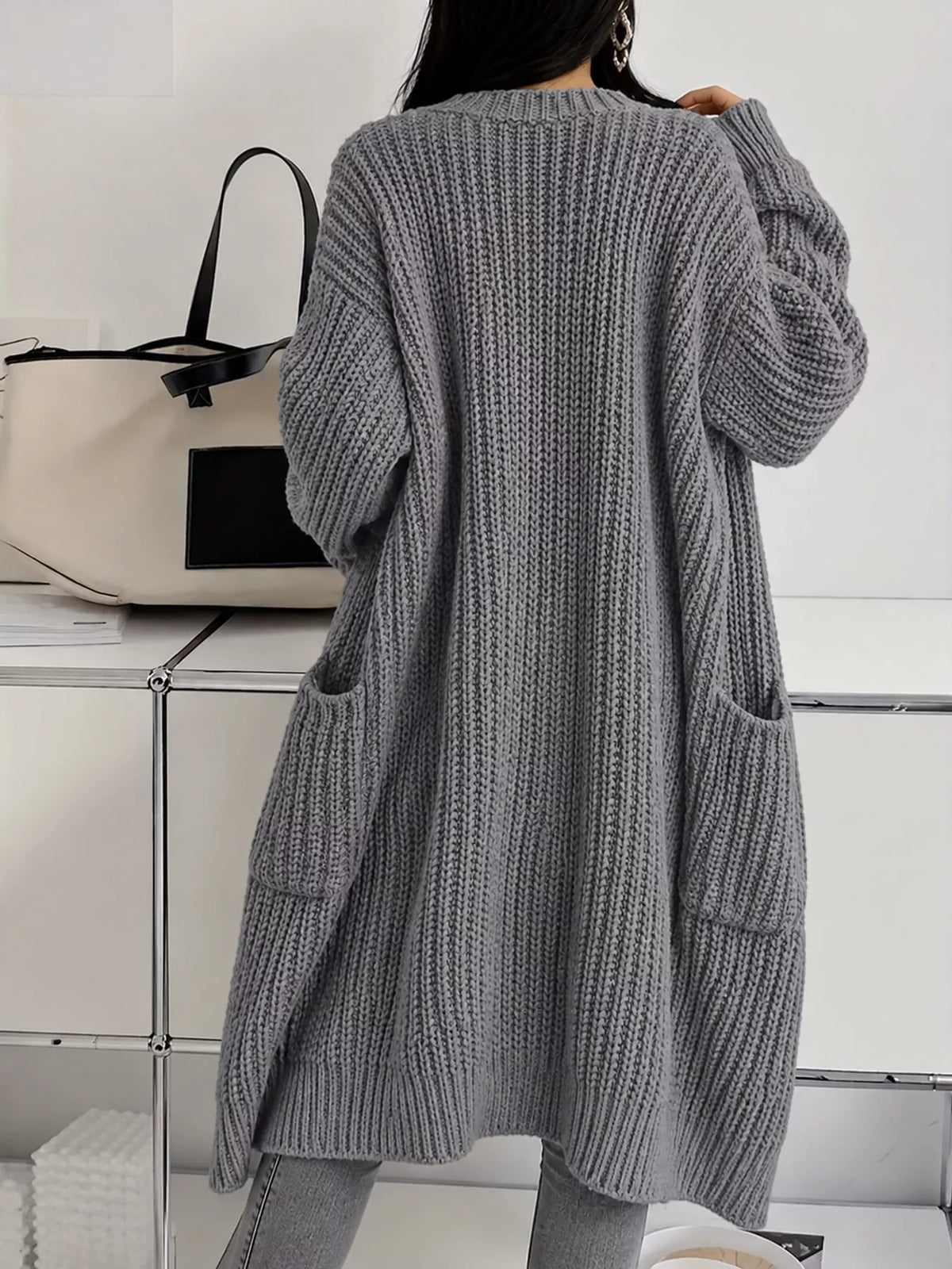 Chunky-Knit Openwork Front Longline Cardigan in Purple - women's cardigan