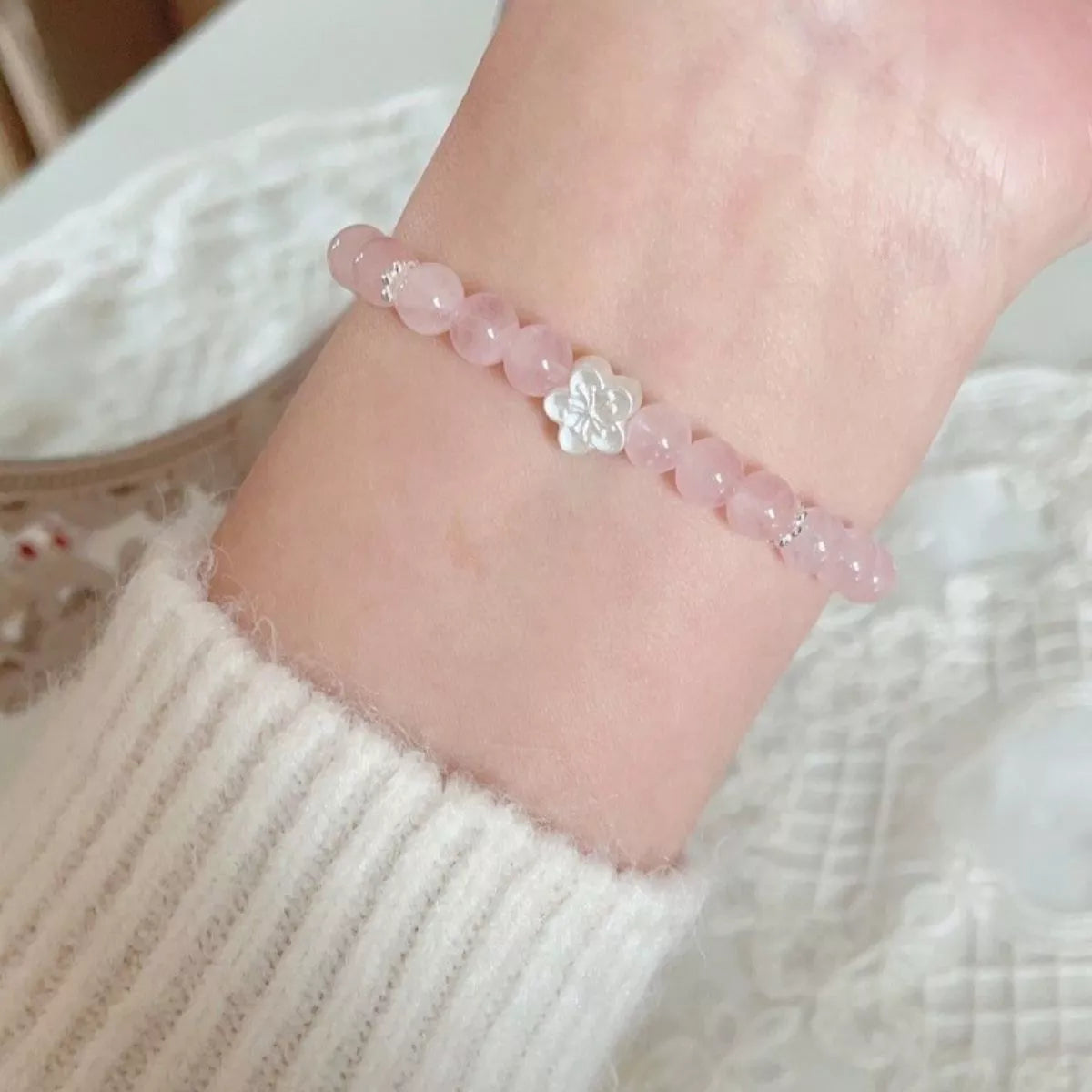 Sterling Silver Crystal Bead Flower Bracelet in Blush Pink - women's beaded bracelet