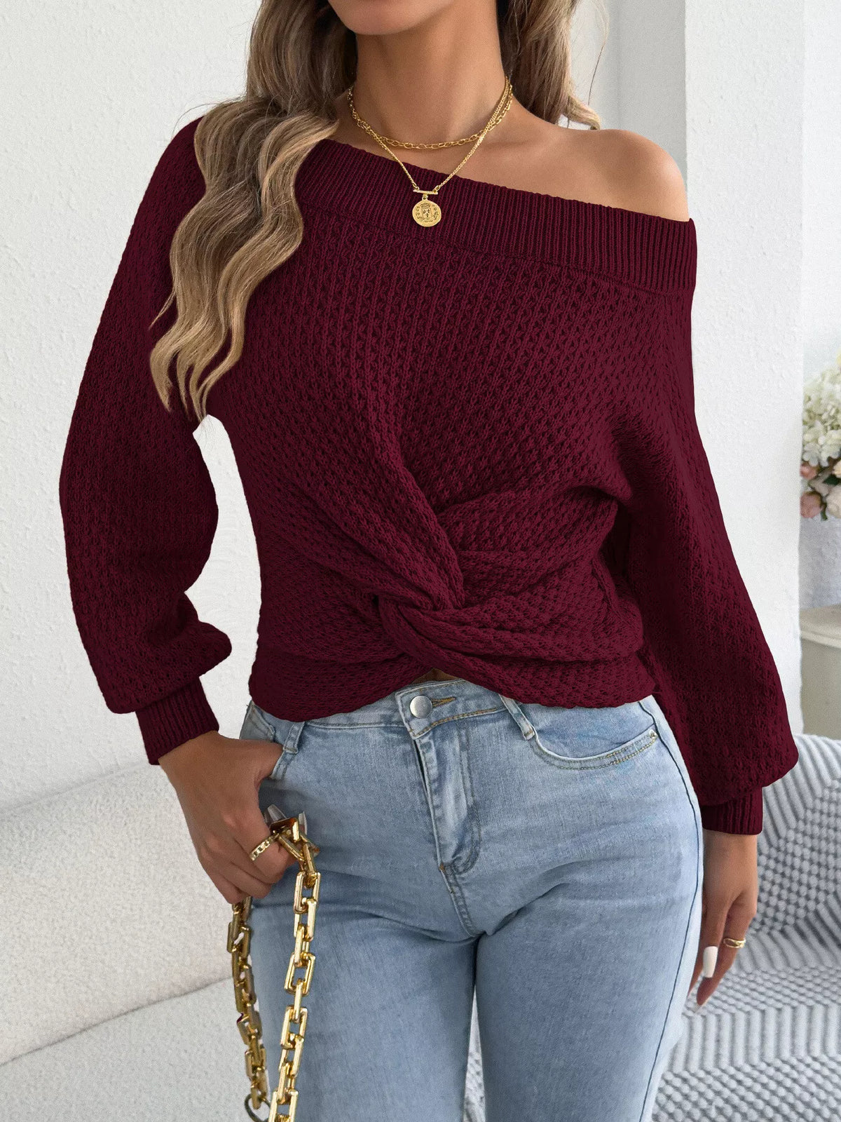Off-Shoulder Twist Front Textured Knit Top in Burgundy - women's knit top