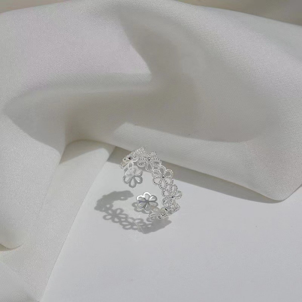Floral Adjustable Open Ring in Silver - women's open ring