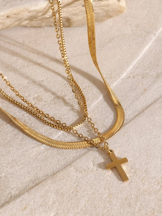 18K Gold-Plated Three-Layered Cross Necklace - alternate necklace view