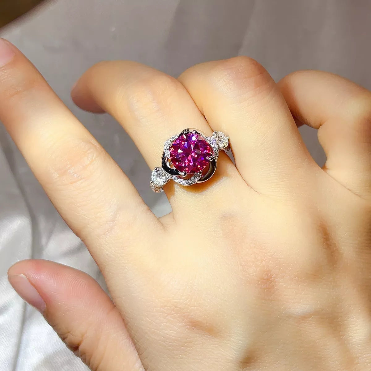 3 Carat Sterling Silver Moissanite Ring in Hot Pink - women's ring