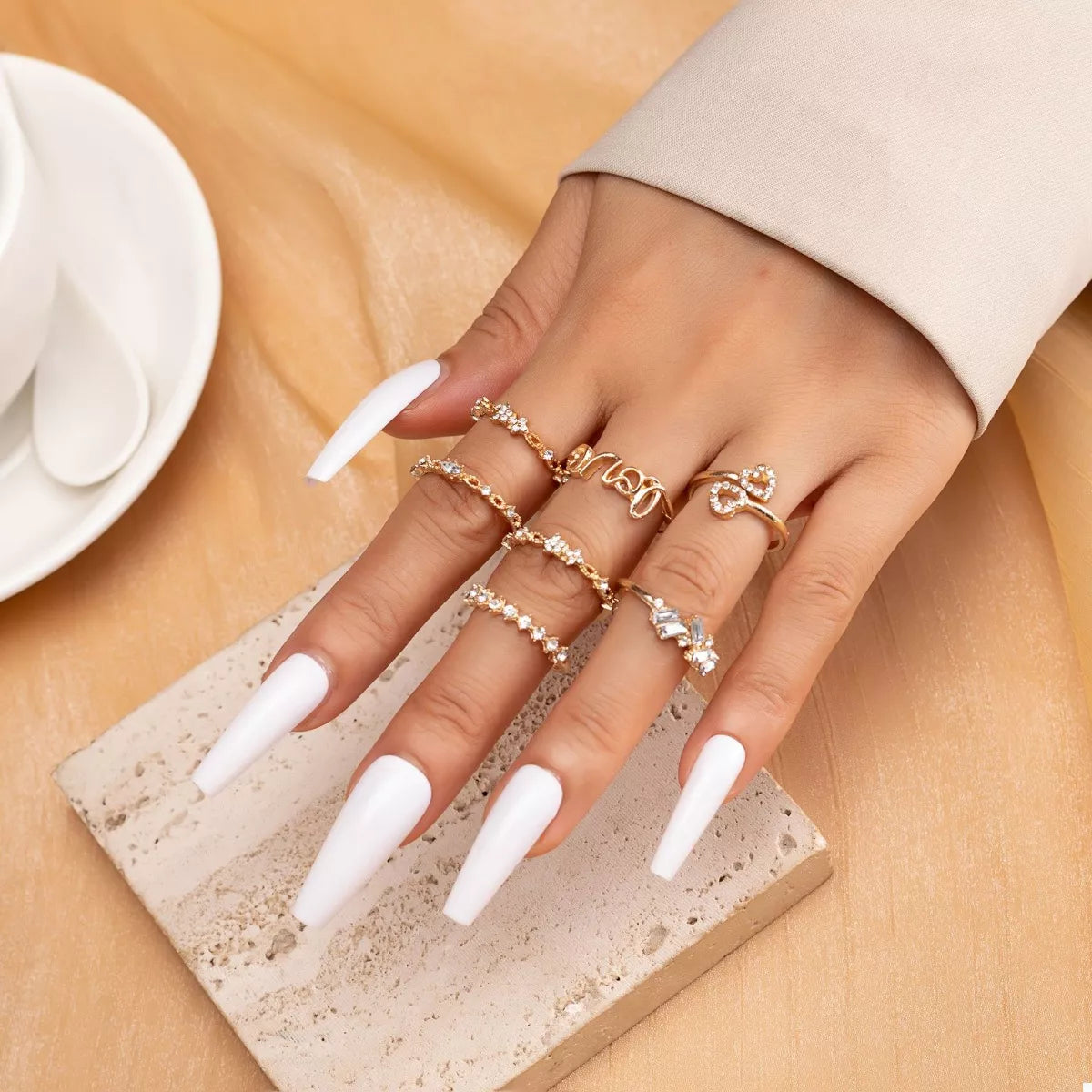 7 Piece 18K Gold-Plated LOVE Zircon Ring Set in Gold - women's ring