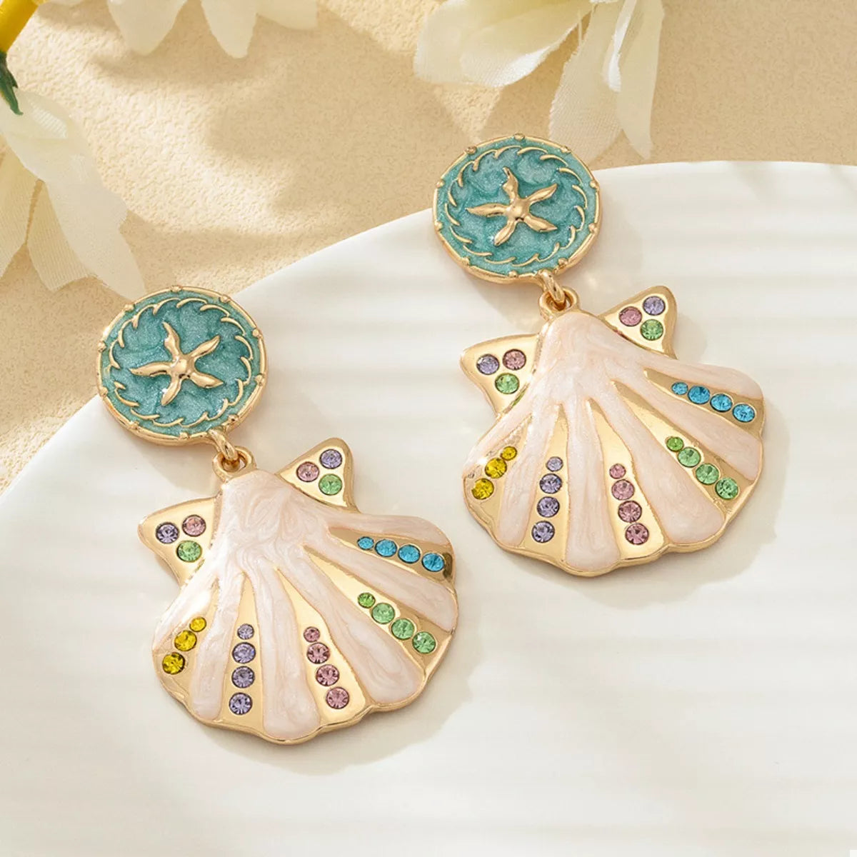 Rhinestone Shell Dangle Earrings - alternate earring view