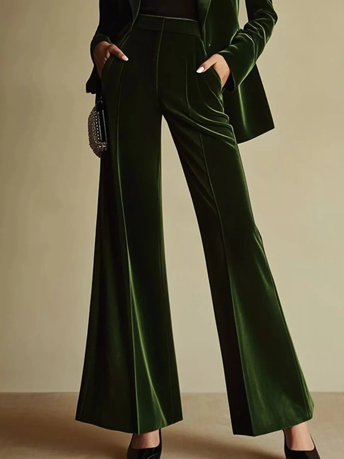 Velvet Blazer and Wide-Leg Pants Set in Green - Blossom's
