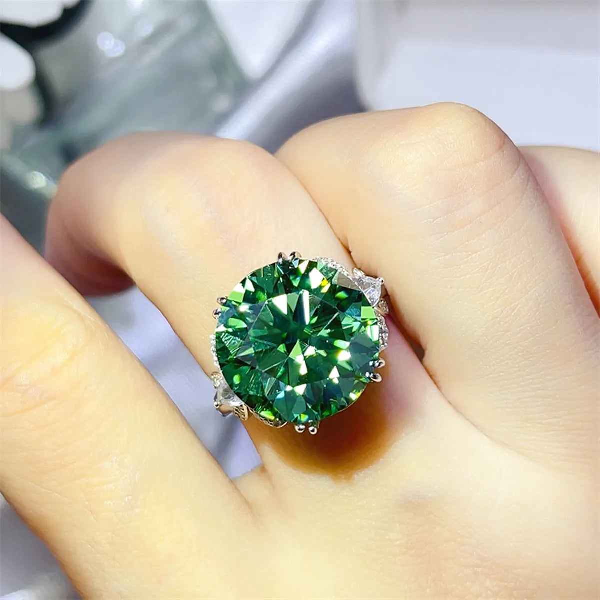 10 Carat Moissanite Sterling Silver Ring in Green - women's ring