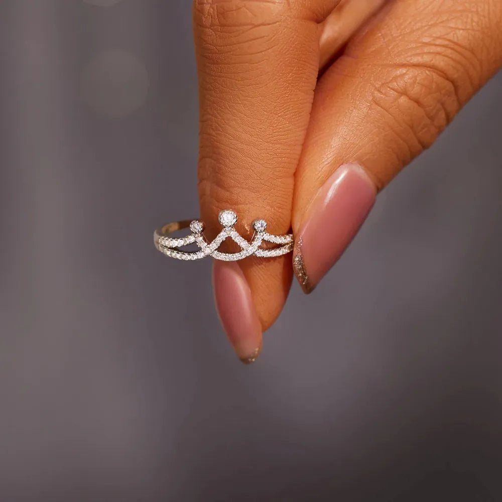 Crown Shape Inlaid Zircon Sterling Silver Ring in Silver - women's ring