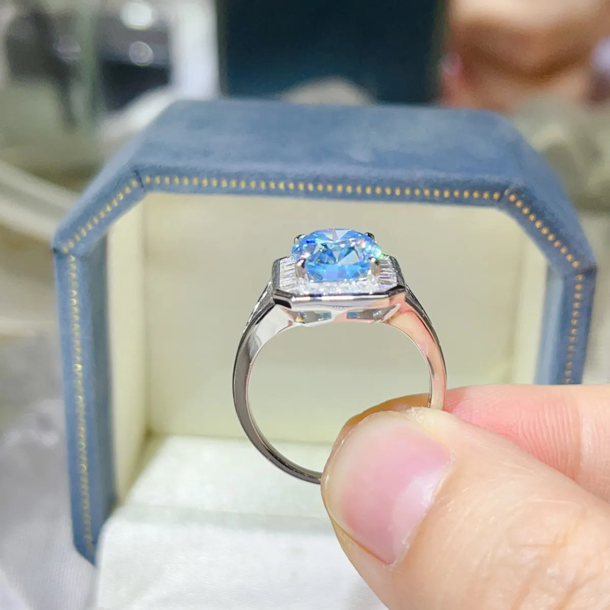 3 Carat Moissanite Square Ring in Light Blue - women's ring