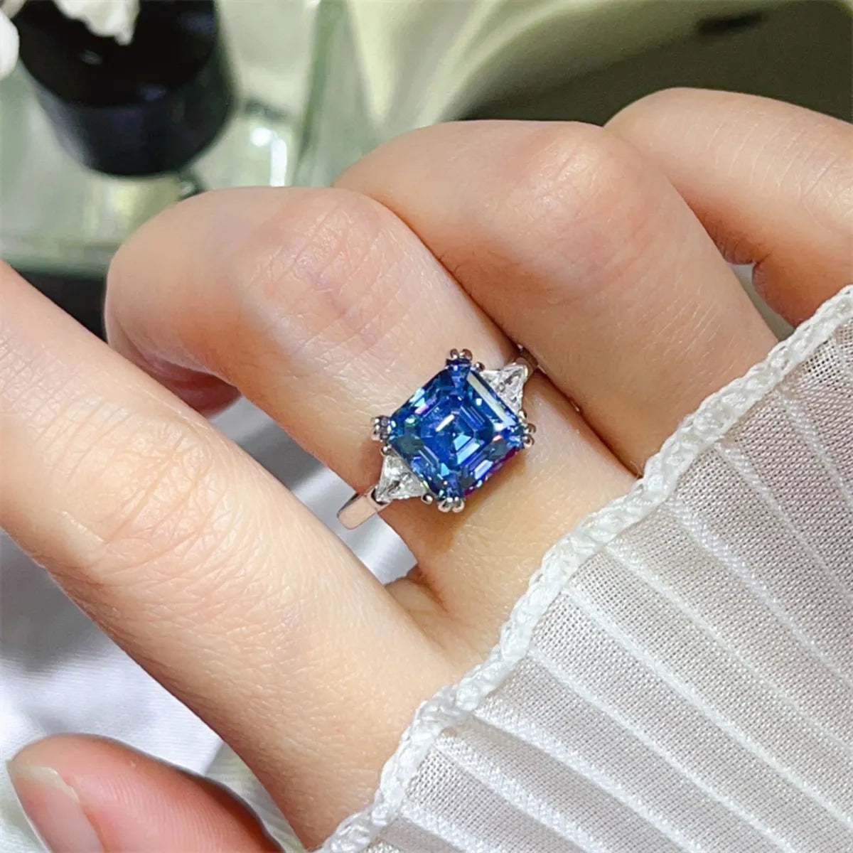 3 Carat Moissanite Sterling Silver Ring in Blue - women's ring
