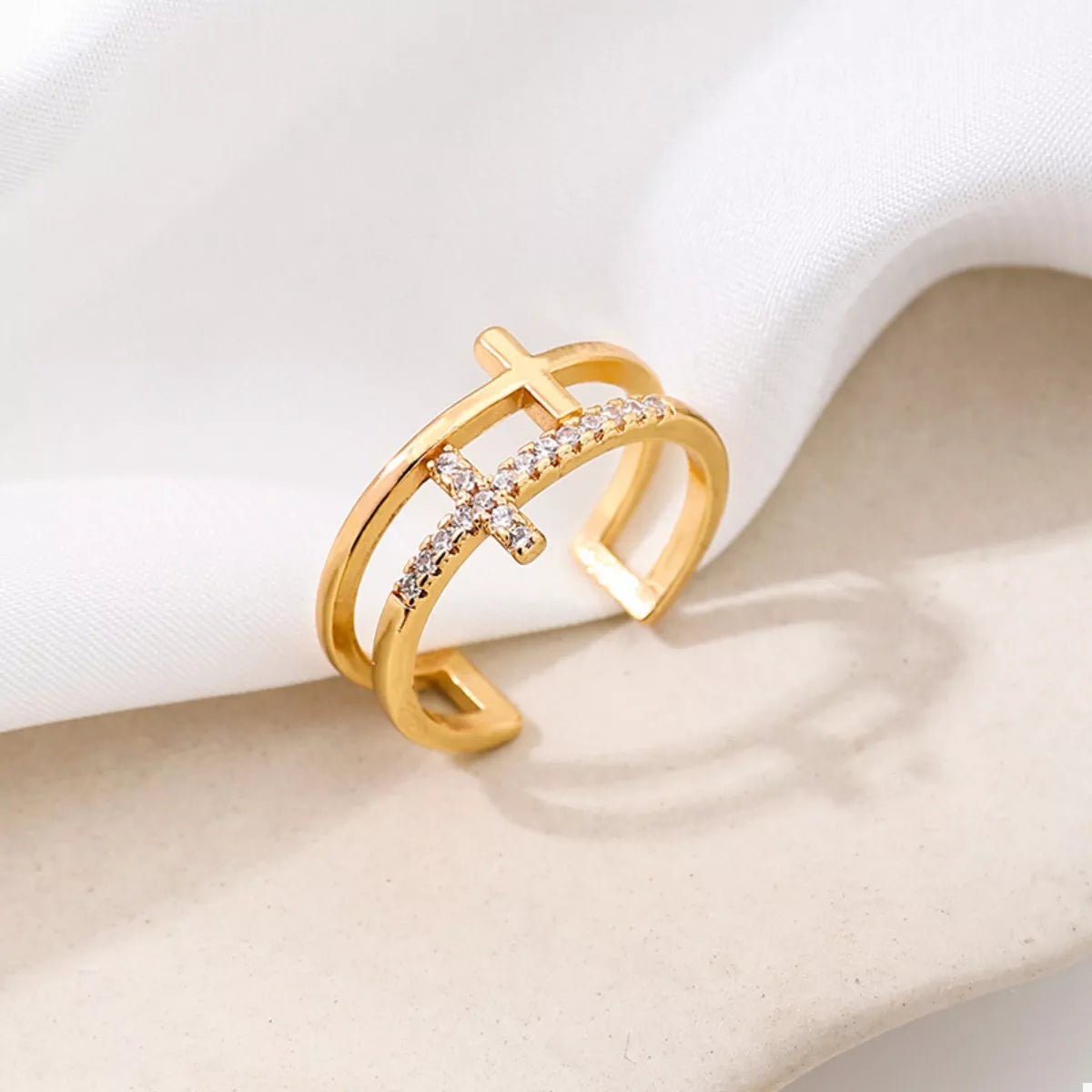 18K Gold-Plated Rhinestone Cross Open Ring - alternate ring view