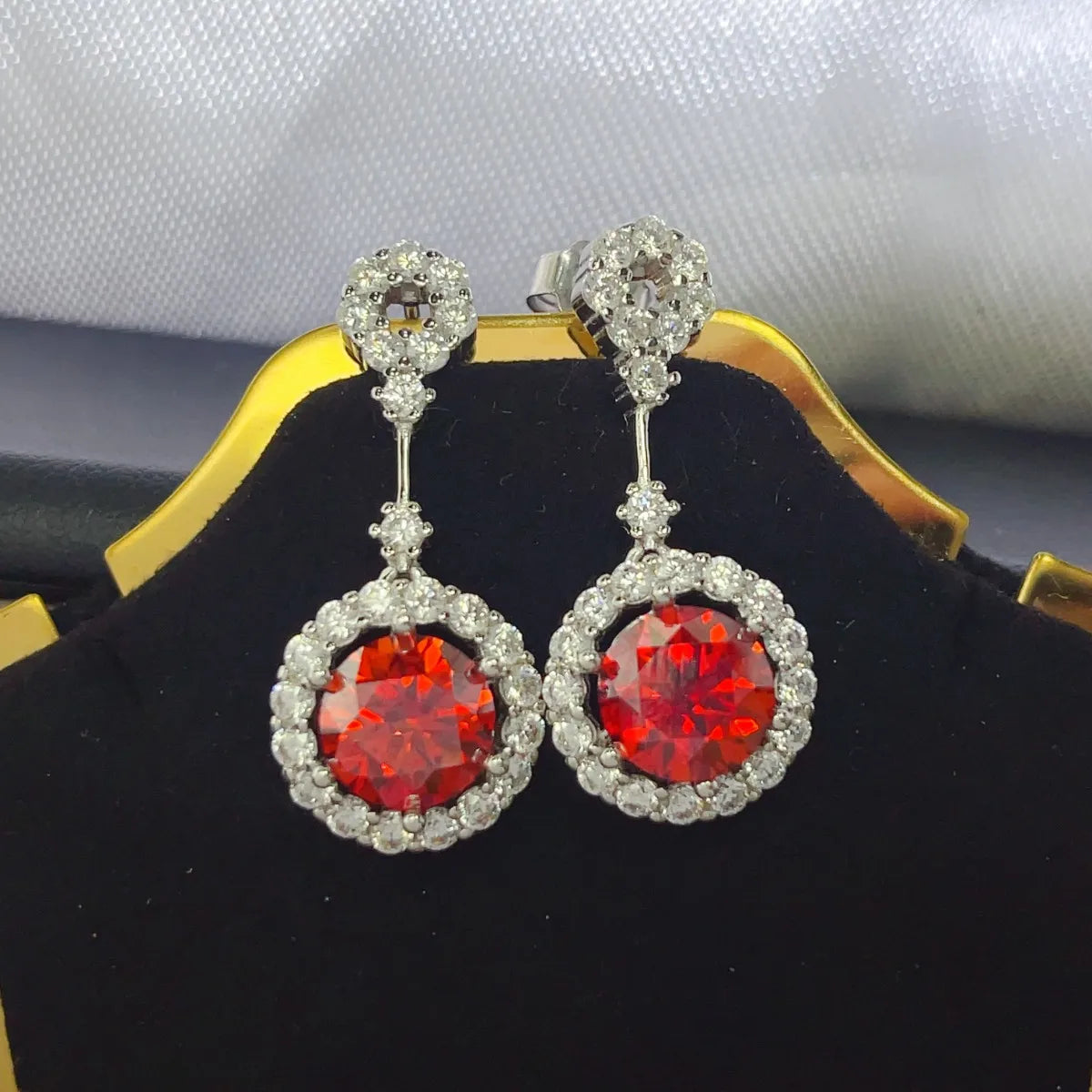 4 Carat Ruby Red Crystal Drop Earrings with Rhinestone Halo in Red - women's drop earrings