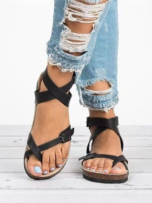 Cross-Strap Buckle Sandals in Black - women's strappy flat sandals