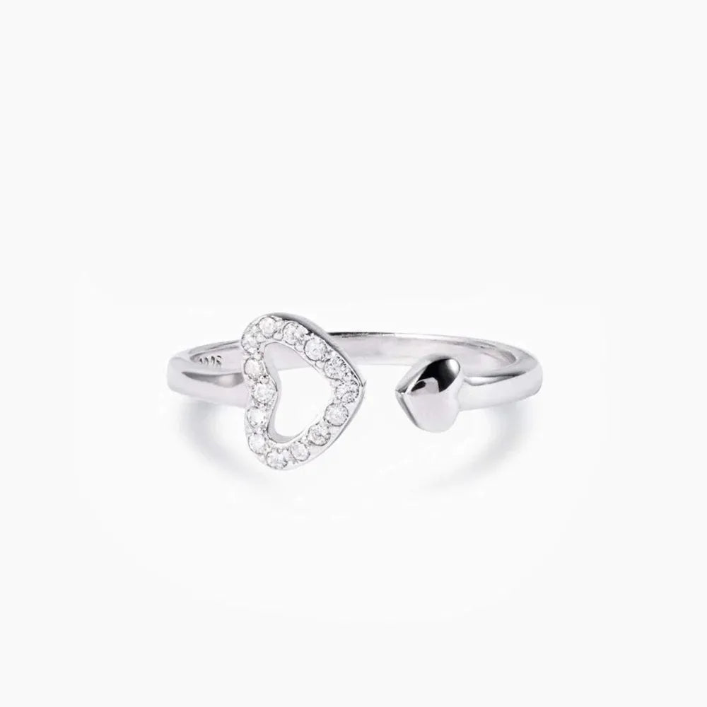 Sterling Silver Inlaid Zircon Heart Open Ring in Silver - women's open ring