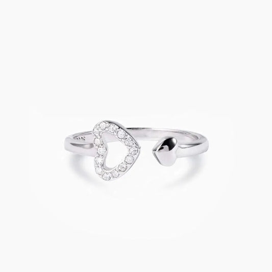 Sterling Silver Inlaid Zircon Heart Open Ring in Silver - women's open ring