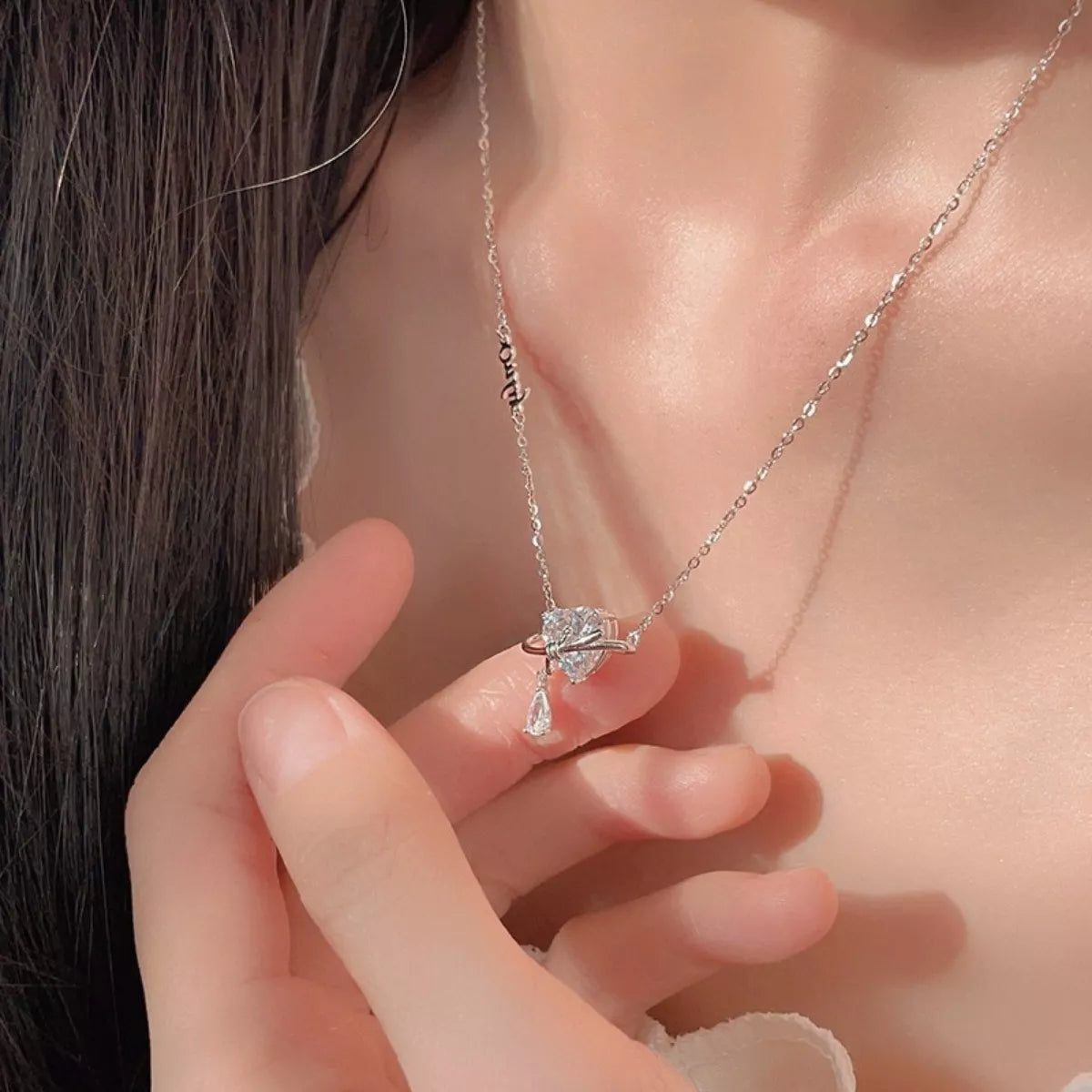 Sterling Silver Zircon Heart Necklace in Silver - women's necklace