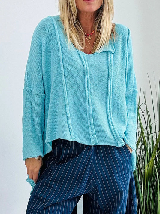High-Low Dropped-Shoulder Sweater in Blue - women's sweater