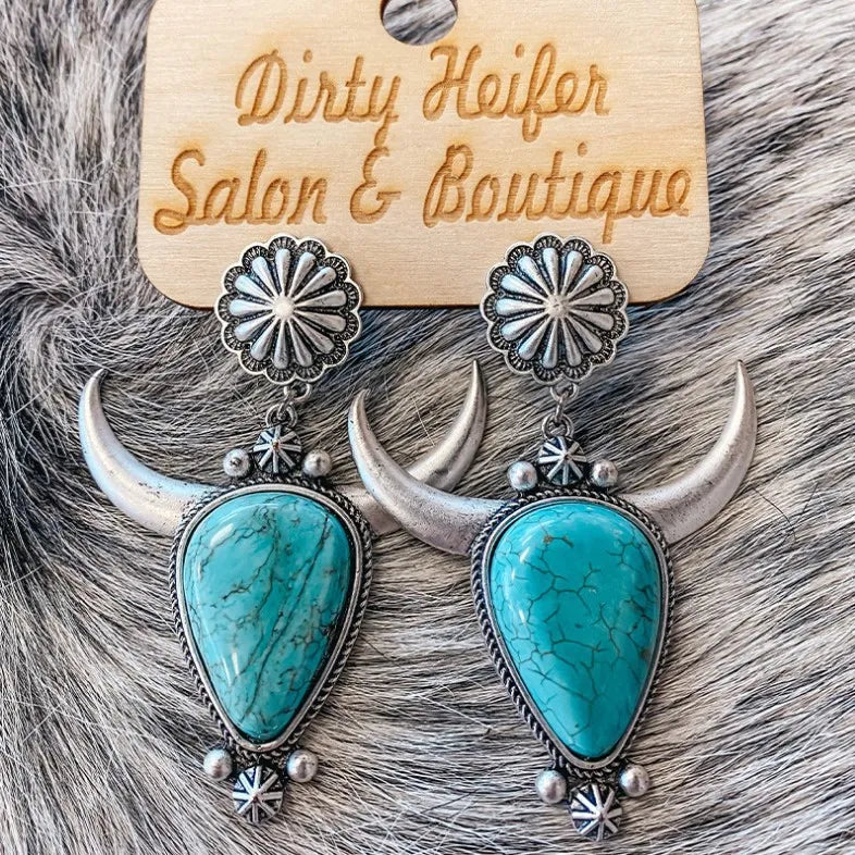 Artificial Turquoise Alloy Cow Head Earrings - alternate earring view