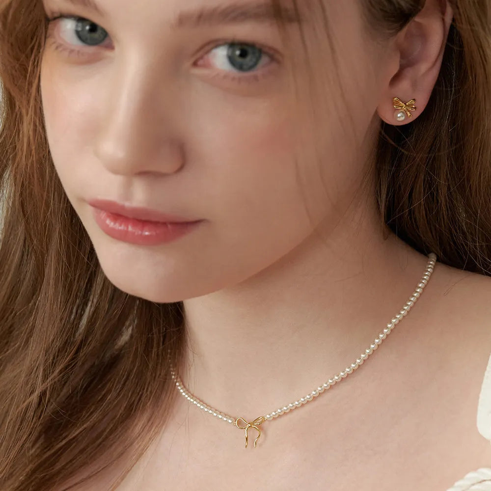 Copper Pearls Bow Necklace in Silver - women's necklace