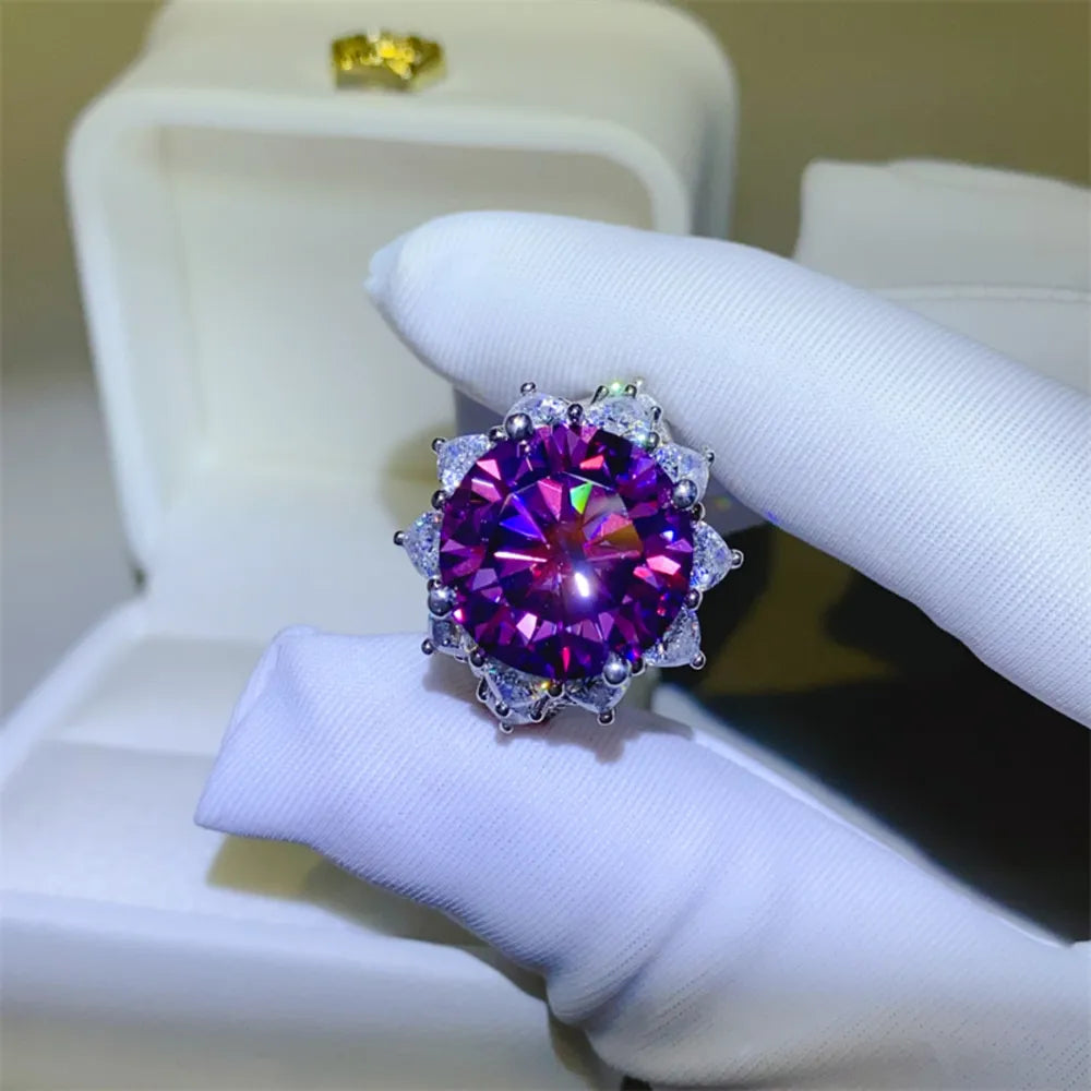 10 Carat Moissanite Sterling Silver Flower Shape Ring in Deep Purple - women's ring
