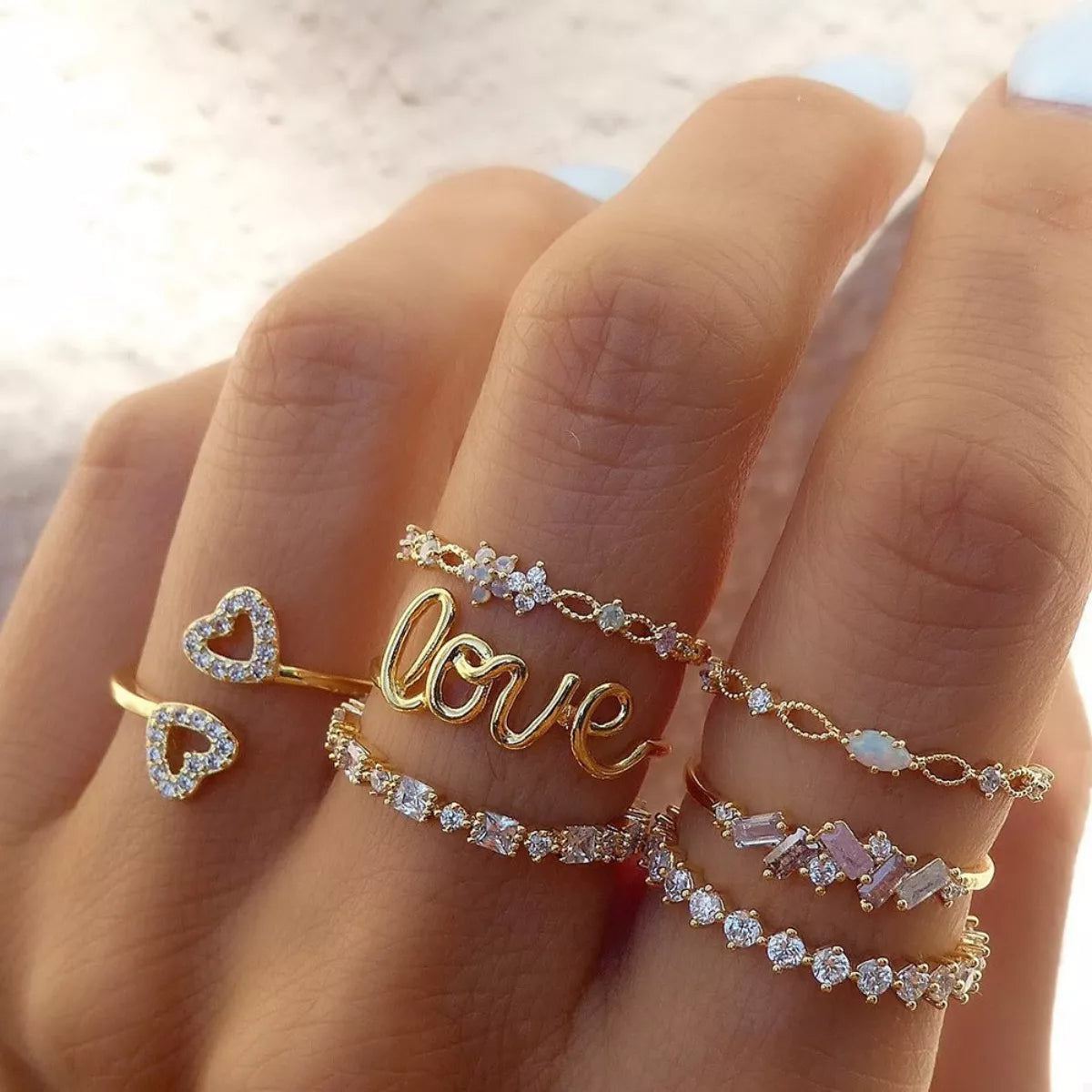 7 Piece 18K Gold-Plated LOVE Zircon Ring Set - alternate ring view