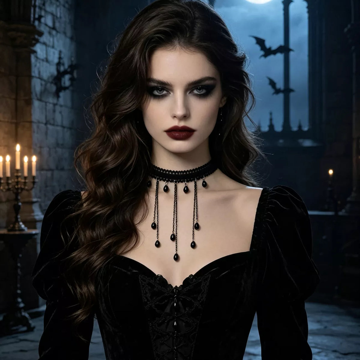 Gothic Lace Choker Necklace with Teardrop Dangle Charms - alternate necklace view