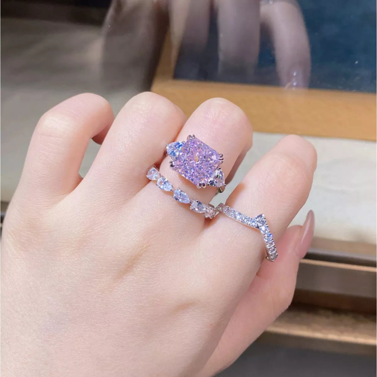 Sterling Silver Zircon Geometric Ring in Pink Purple - women's ring