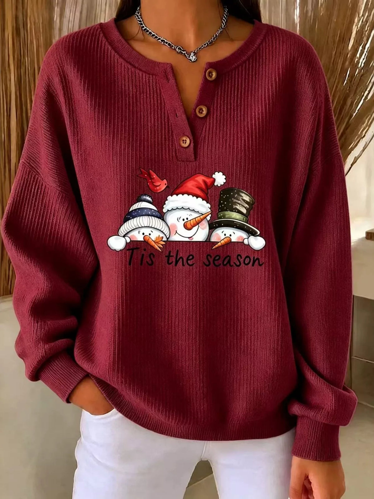 Christmas Themed Snowman Graphic Ribbed Henley Sweatshirt in Turquoise - women's sweatshirt