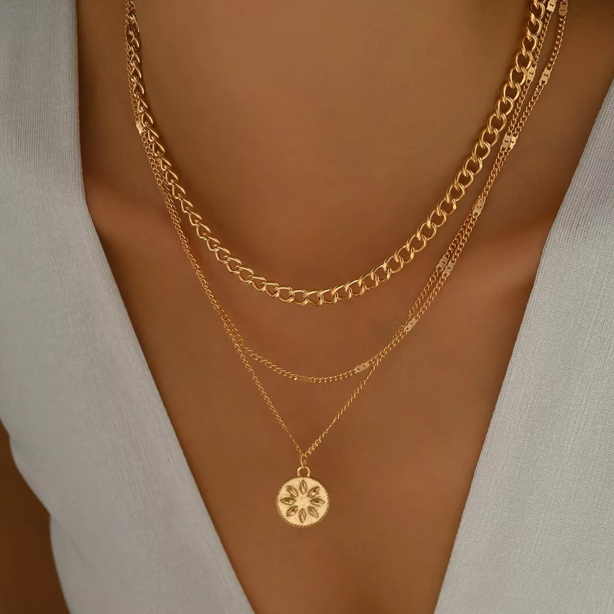 18K Gold-Plated Three Layered Pendant Necklace - alternate necklace view