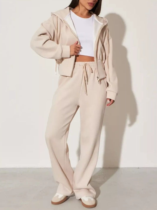 Zip-Up Hoodie and Wide-Leg Pants Set in Apricot - women's matching pants set