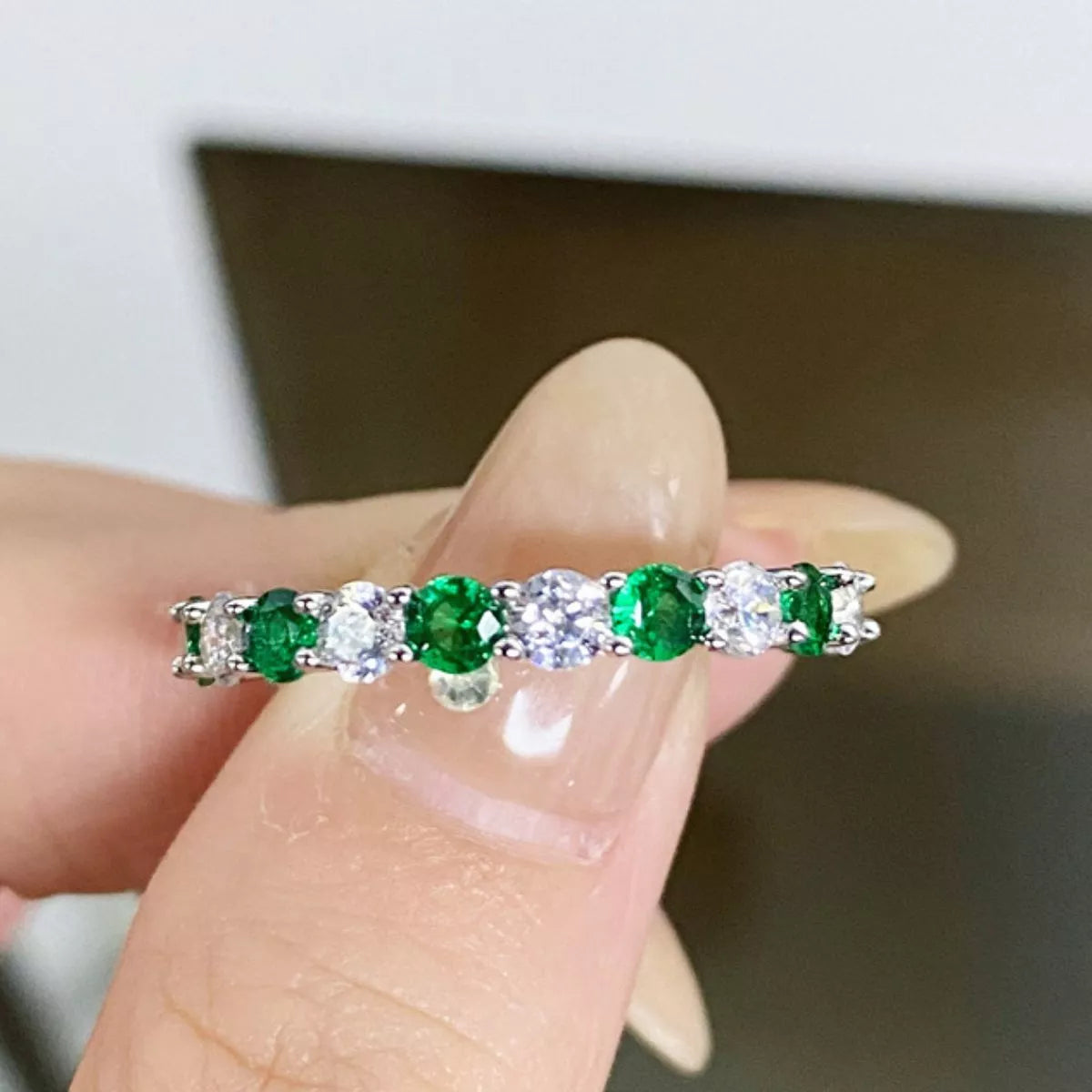 Sterling Silver Diamond Ring in Green - women's ring