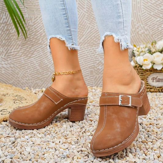 Round-Toe Block-Heel Sandals in Brown - women's heels
