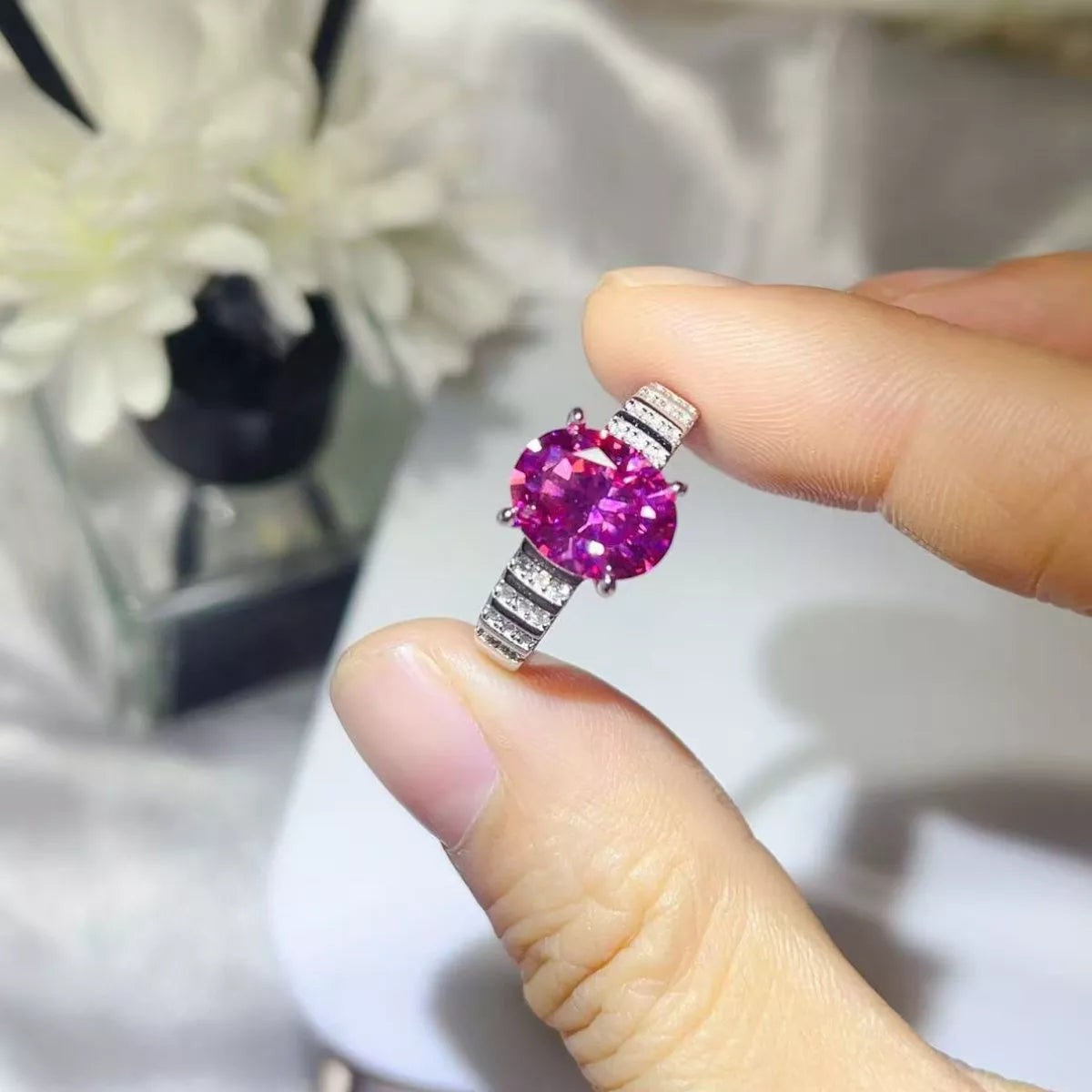 3 Carat Moissanite Oval Sterling Silver Ring in Silver - women's ring
