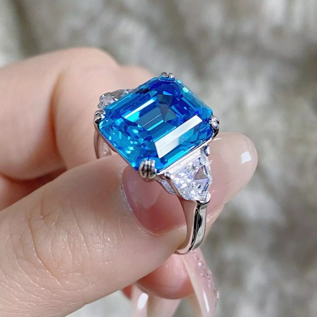 Sterling Silver Zircon Square Ring in Cerulean - women's ring