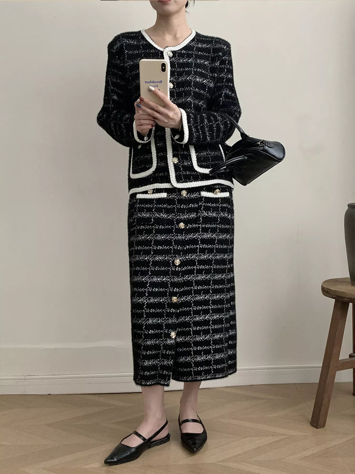 Tweed Contrast Trim Jacket and Skirt Set - alternate view