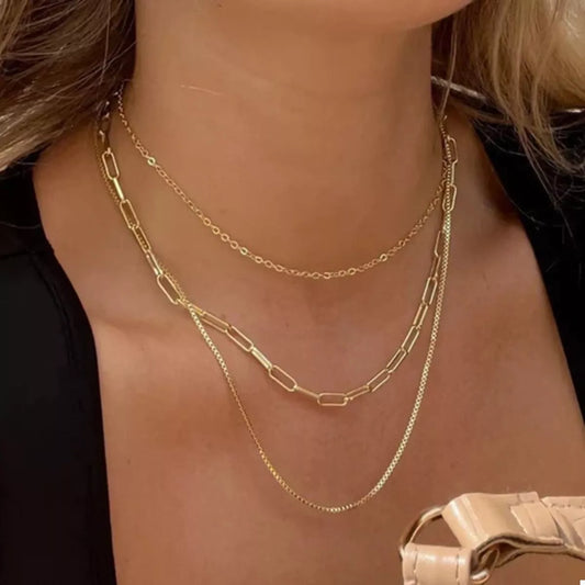 18K Gold-Plated Three Layered Necklace in Gold - women's layered necklace
