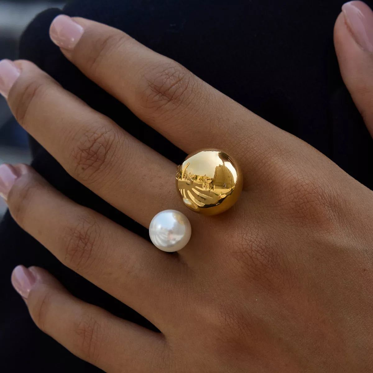 18K Gold-Plated Orb & Pearl Open Ring - alternate ring view