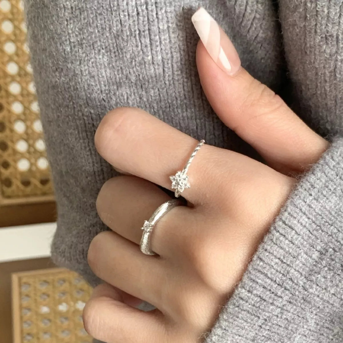 Sterling Silver Zircon Flower Open Ring - alternate ring view
