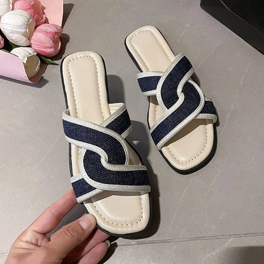 Open-Toe Flats Sandals in Dark Blue - women's flat sandals