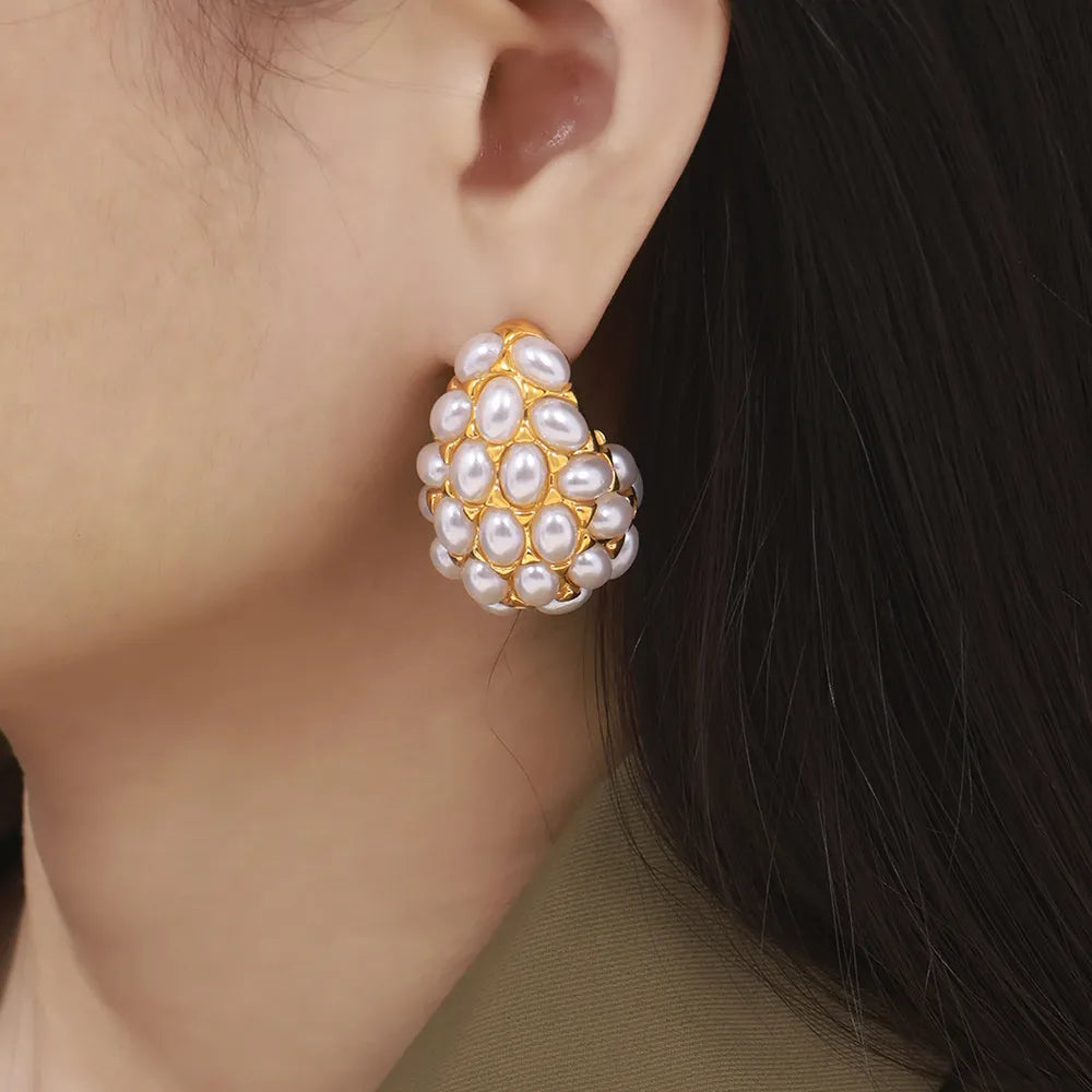 Titanium Steel Inlaid Imitation Pearl Earrings in Gold - women's earrings