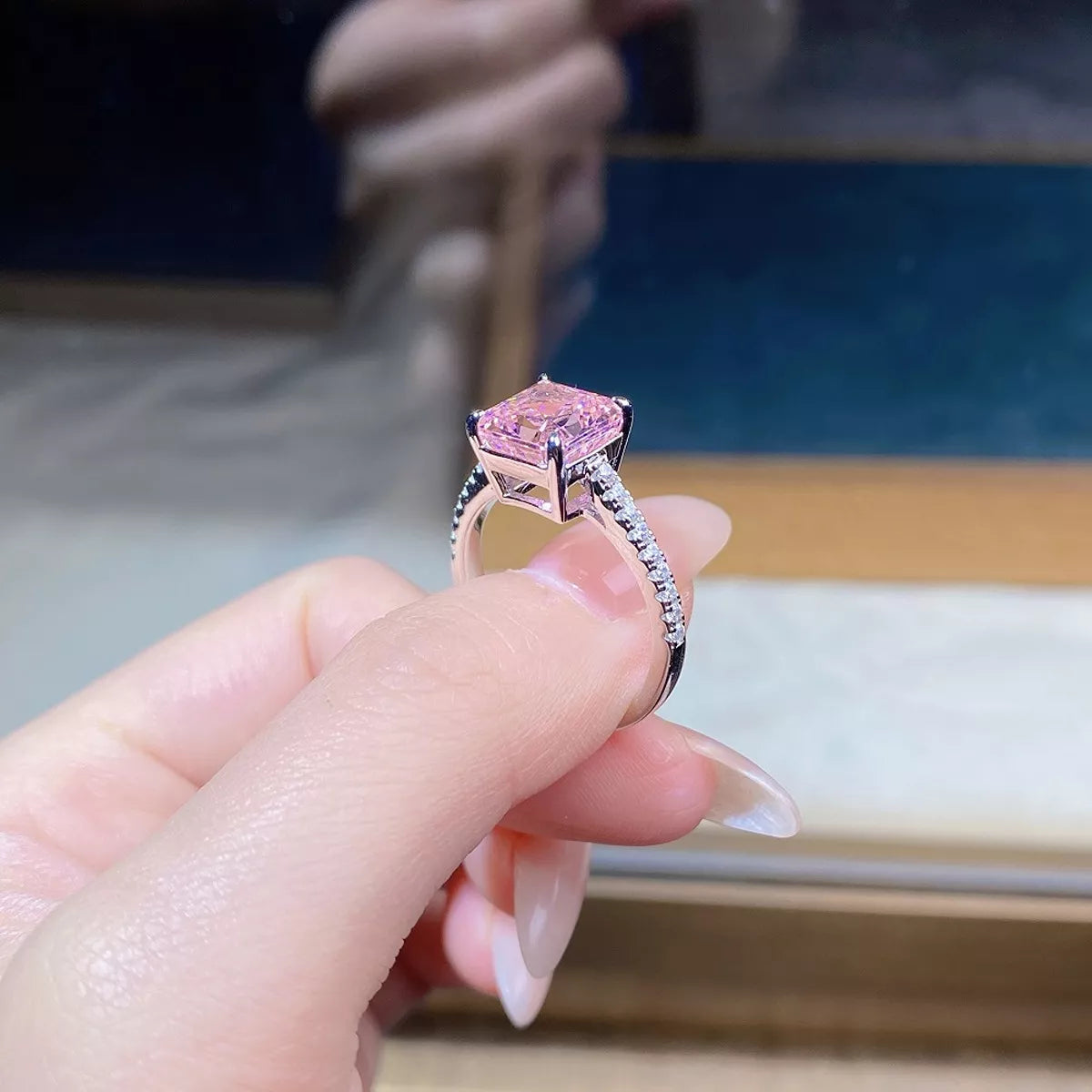 Sterling Silver Zircon Square Ring in Blush Pink - women's ring