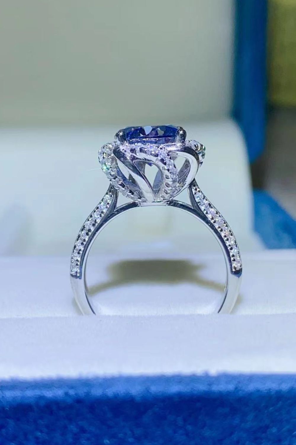 2 Carat Cobalt Blue Moissanite Sterling Silver Ring in Blue - women's ring