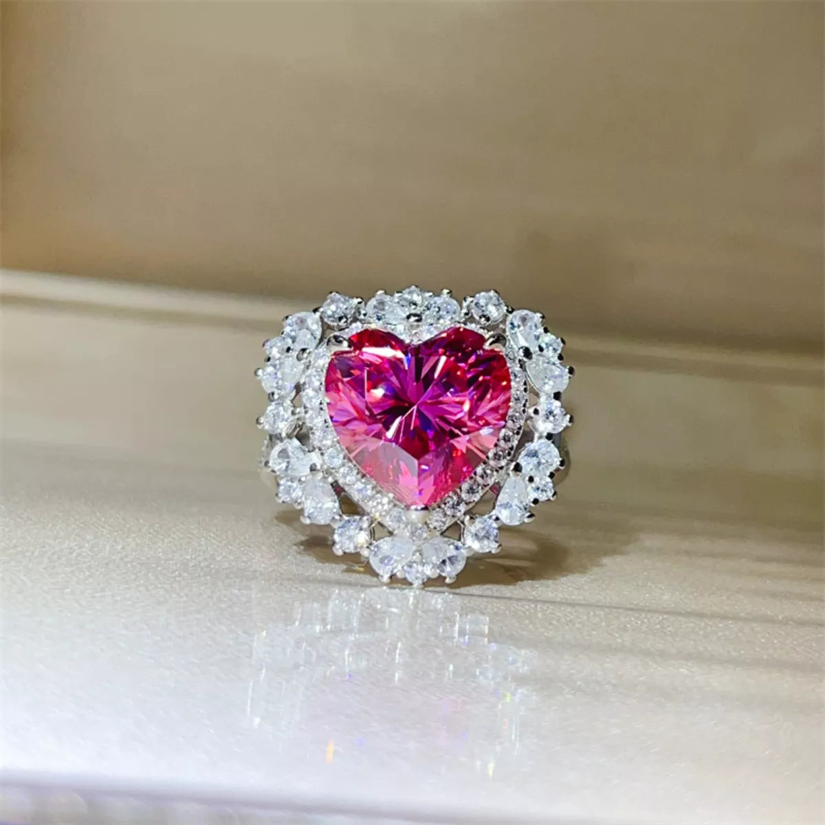 5 Carat Moissanite Sterling Silver Heart-Shaped Ring in Pink - women's ring