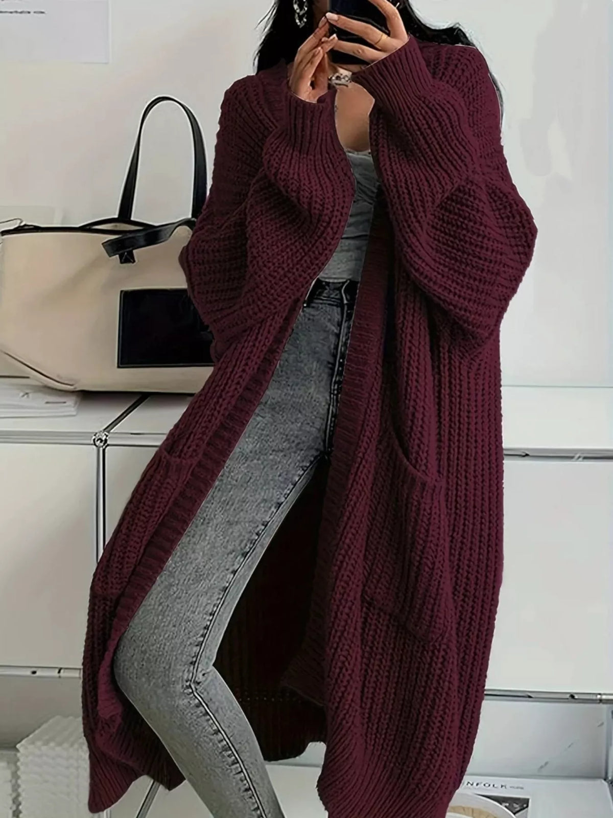 Chunky-Knit Openwork Front Longline Cardigan in Pink - women's cardigan