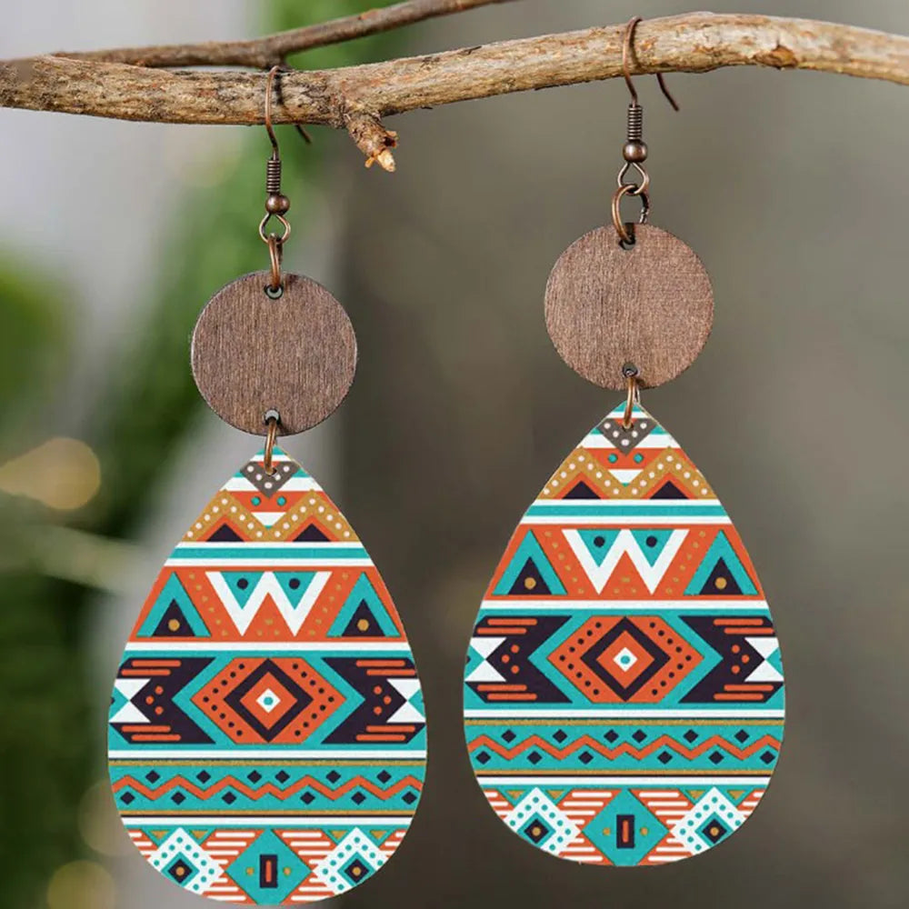Geometric Wooden Teardrop Earrings in Multicolor - women's drop earrings