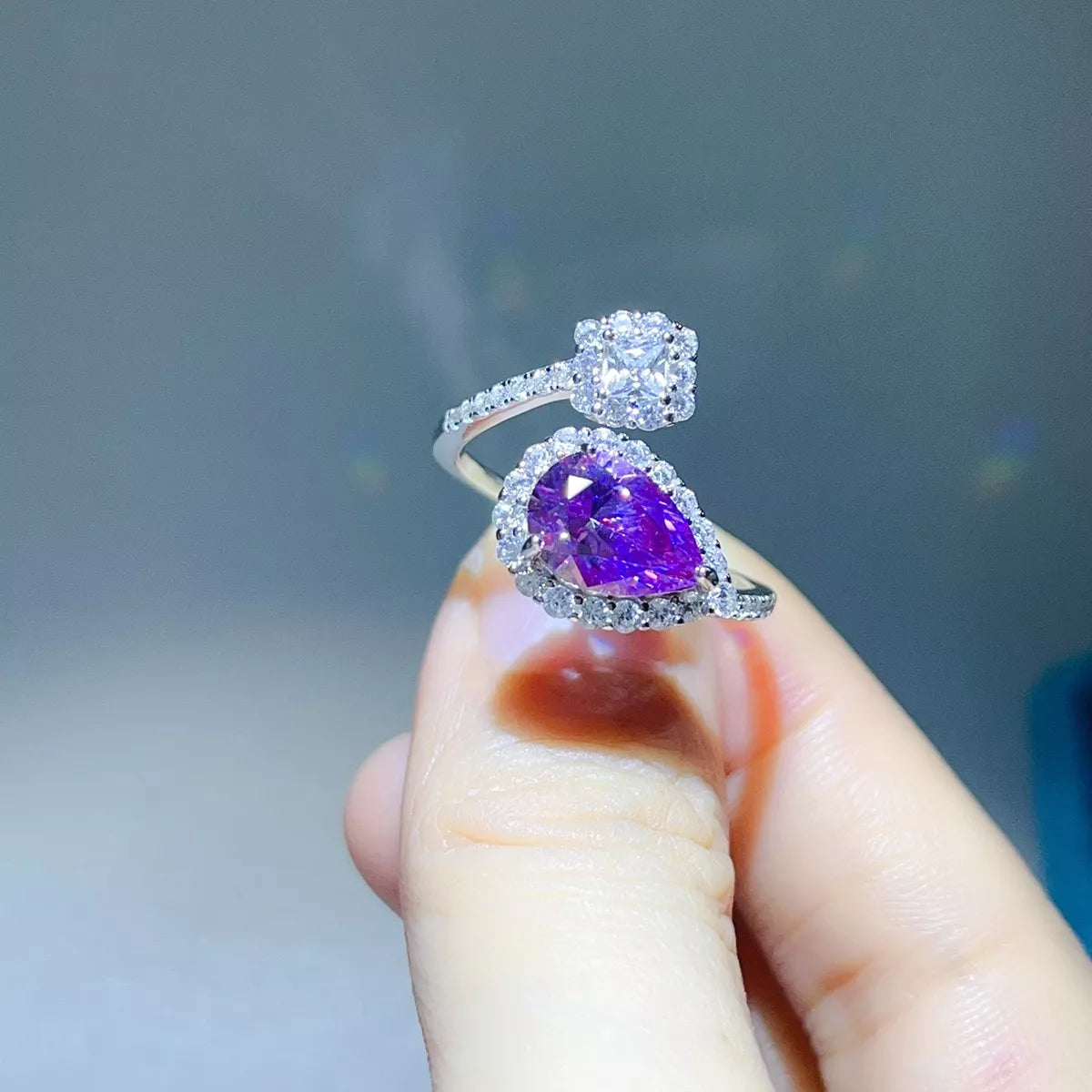 2 Carat Moissanite Sterling Silver Bypass Ring in Purple - women's ring