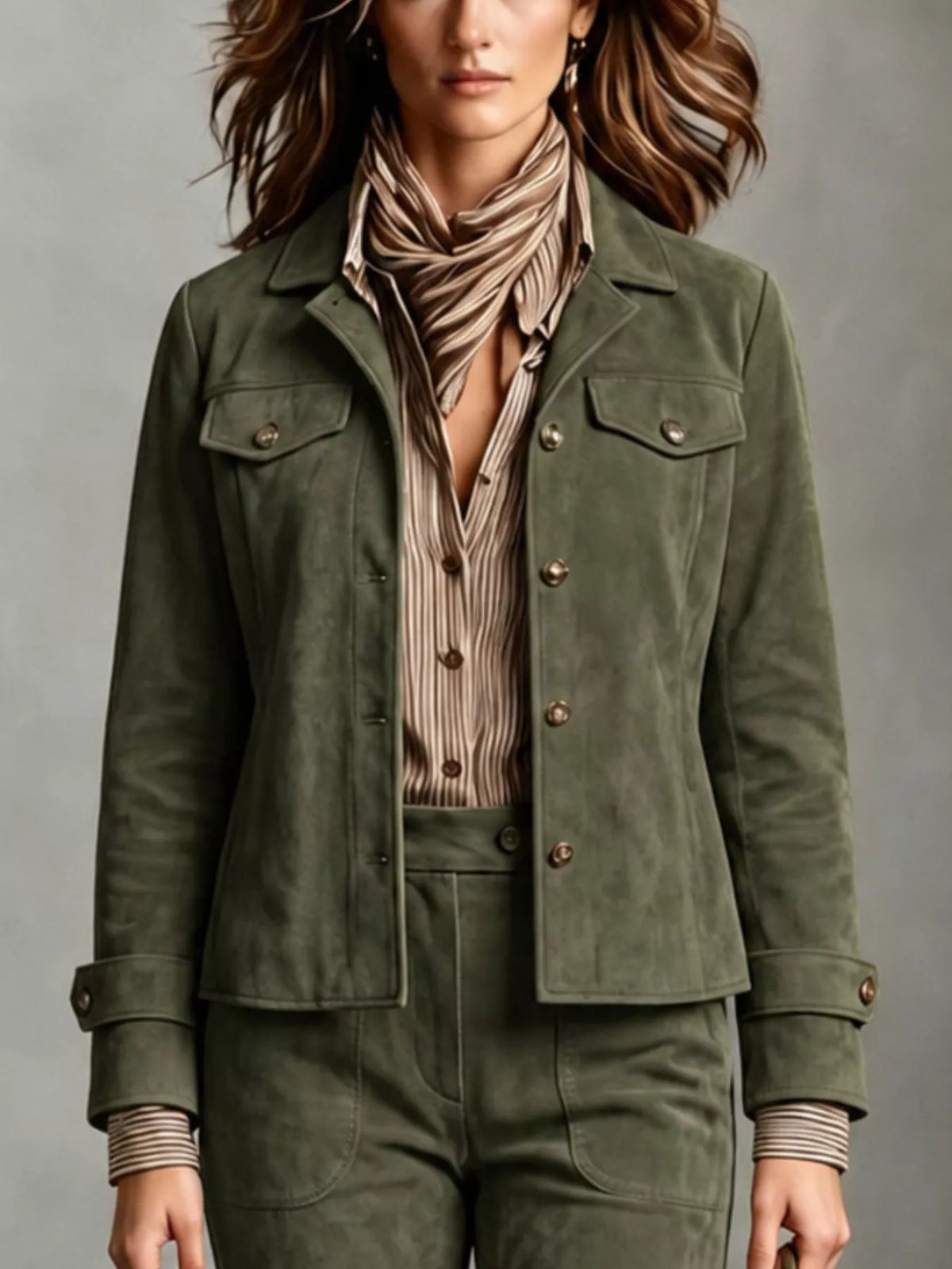 Full Size Suede Utility Blazer with Button-Front Detail Plus Size in Caramel - Blossom's