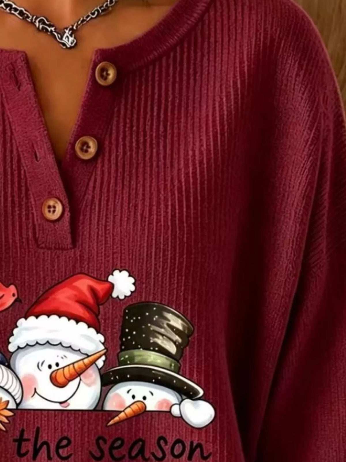Christmas Themed Snowman Graphic Ribbed Henley Sweatshirt in Turquoise - women's sweatshirt