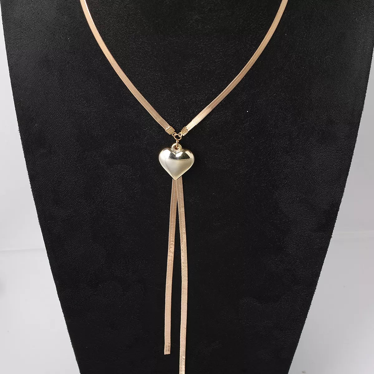 Gold-Tone Herringbone Chain Necklace with Heart Pendant Lariat Design - alternate necklace view